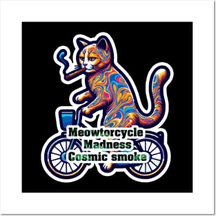 Psychedelic Cat on a Bike Smoking a Cigarette - Meowtorcycle madness Posters and Art